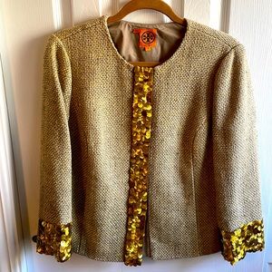 Tory Burch tweed jacket with pallets size 10 in gold and olive tweed